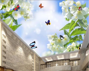 beibehang papier peint nástenná maľba Vlastné 3d tapeta krásny kvet, motýľ modrá obloha, biele stropné nástenné tapety pre deti izba