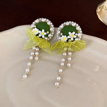 Svetlo Luxusné Čerstvé Imitácia Perly Zelený Kvet Luk Strapec Visieť Náušnice Pre Ženy Módne Sladké Príslušenstvo Šperky