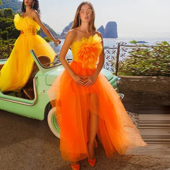 Bez ramienok Vysoká Nízka Orange Tylu Šaty-line Večerné Šaty Pre Udalosť Bicolor Vidieť-Cez Dĺžka Podlahy Prom Šaty na Zákazku