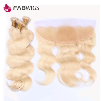 Fabwigs #613 Blondína Zväzky s Čelnej Brazílsky Telo Vlna, Vlasy Zväzky s Čelnej Uzavretie Brazílsky Vlasy Väzbe Zväzky Remy
