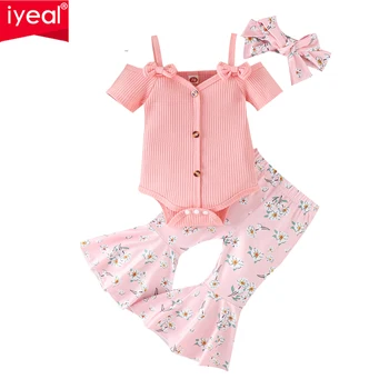 IYEAL Krásne Letné Baby Dievča Oblečenie, Oblečenie Podväzky Krátky Rukáv Rebrovaný Romper +Horela Nohavice +hlavový most 3ks