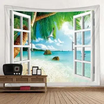 Mimo okna plážové scenérie v pozadí gobelín dekoračné tkaniny továreň na priamy predaj je možné prispôsobiť