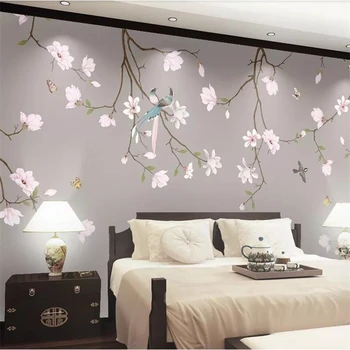 wellyu Nový Čínsky štýl ručne maľované magnolia vták posteli stenu spálne vlastné veľké nástenné tapety abstraktných de parede nástenná maľba