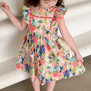 Sodawn 3-7 Rokov Lete Lietania Rukáv Kvetinový Bežné Šaty Pre Dievča Oblečenie Tlač Deti Oblečenie