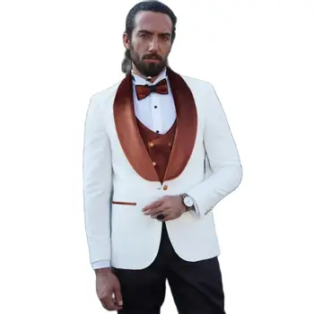 Pekný 3 Kusy Mens Tuxedos pre Svadobné Slim Fit Šatkou Klope Ženícha Jedno Tlačidlo Velvet Gentleman Formálny Ples Večera Oblečenie