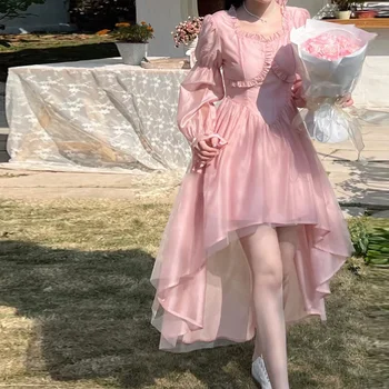 Ružová Šifón Sladké Dievča Víla Šaty Žien Nepravidelná Dolný Lem Peplum Bublina Rukáv Kórejský Štýl Elegantné Party Šaty V Lete Roku 2023