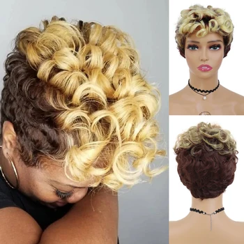 GNIMEGIL Syntetické Krátke Kučeravé Kučeravé Parochňu pre Čierne Ženy Cosplay Ombre Blond Mix Hnedé Vrstvený Vlasy Afriky Parochňu Prirodzené Denné