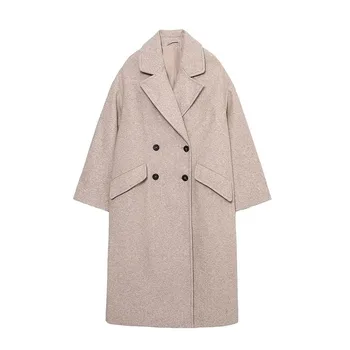 Jednofarebné Elegantné Office Lady Dlhé Zimné Kabáty Pre Ženy 2023 Žien Dvojité Breasted Kabát Dlhý Rukáv Voľné Bunda