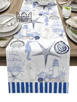 Vintage Blue Maják Hviezdice Seahorse Morských Textúra Stôl Runner Svadobné Dekorácie Obrus Kuchyňa Jedálenský Placemat