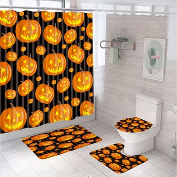 Šťastný Halloween Sprchový Záves Nastaviť Strašidelné Oranžová Tekvica Duch Geometrický Prúžok Kúpeľňa Záclony Vaňa Mat Koberec, Wc Kryt Sedadla