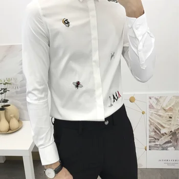 módne pánske dlhé bežné rukáv úsek kórejský slim vyšité biele tričko