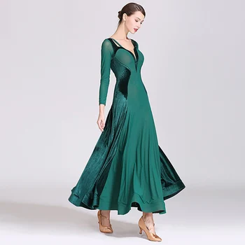 zelená sála šaty žien červené tango šaty rumba, tanečné kostýmy, tanec nosenie velvet dlhé šaty fringe loptu šaty valčík tanečné šaty