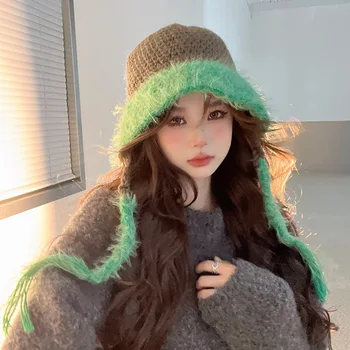 2023 kórejský Zimné Móda Vedierko Hat Farby Zodpovedajúce Imitácia Králik Kožušiny Krajky-up Široký-brimmed Elegantné Čiapočku Čiapky pre Ženy