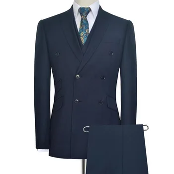 Námornícka Modrá Muži Obleky Módne pánske Slim Fit Business Svadobný Oblek Mužov Anzug Herren Troch Kusov (Bunda+Vesta+Nohavice)