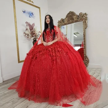 Červená Ručné 3DFlowers Quinceanera Šaty plesové Šaty, Crystal Čipky S Cape Ramena Formálnej Strany Sweet 16 Šaty