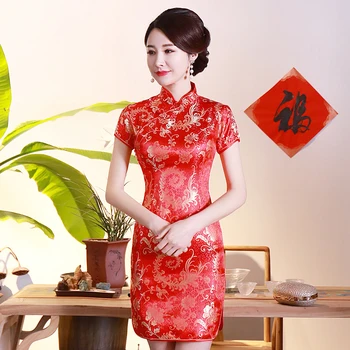 Červená Klasická Saténová Slim Kvet Cheongsam Čínskej Tradičnej Nevesta Svadobné Šaty Vintage Qipao Vestidos Plus Veľkosť 3XL 4XL 5XL 6XL