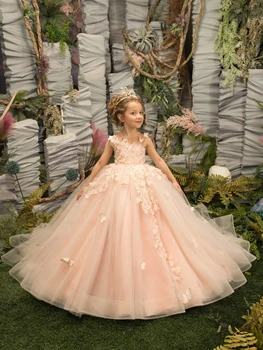 Beloving Kvetina Dievča Šaty Pre Svadobné Blush Pink Kvetinový Tylu Dlho 2023 Deti Bridesmaid, Guľové Šaty Princezná Dokonca St Strany