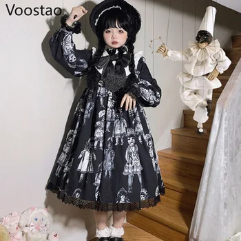 Viktoriánskej Vintage Gothic Lolita OP Šaty Žien Tmavé Luk Horor Bábiky Tlač Party Šaty, Dievčenskú Harajuku Dlhý Rukáv Y2K Punk Dress