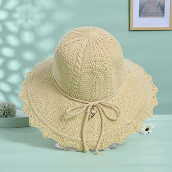 Letné opaľovací Krém Klobúk pre Ženy Beach Sun Hat Ručné Elegantná Skladacia Široký Okraj Pletené Klobúk Bowknot Odolná proti UV žiareniu Spp Dámy