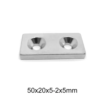 1~10pcs 50x20x5 Silné Neodýmu Magnet Dvojitých Otvorov, 5mm Blok Permanentného magnetu NdFeB 50x20x5mm Vyhľadávanie Magnety list 50*20*5-2*5
