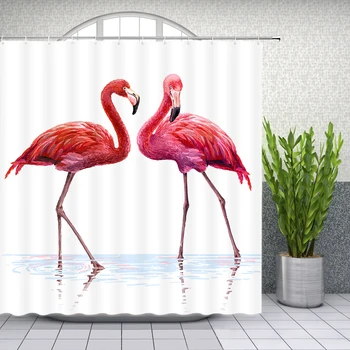 Letné Flamingo Sprchový Záves Rastlín Ružový Kvet Perie Pláži 3D Tlač Nepremokavé Vaňa Obrazovke Záclony Kúpeľňa Decor
