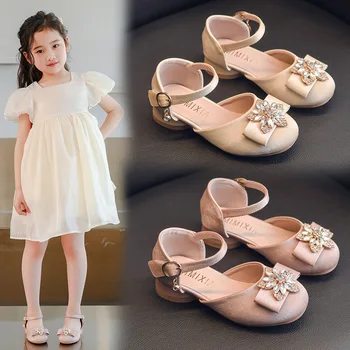 Dievčenské Semi-sandále 2023 Lete Nové Low-podpätky Kožené Topánky Šaty Módne detské Princezná Piano Show Topánky