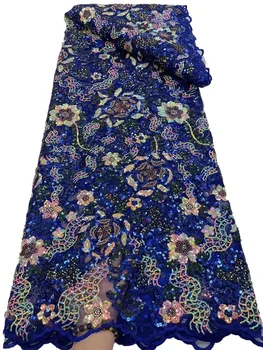Luxusné Royal Blue Tylu Čipky Textílie Sekvencie Vyšívané Korálky Afriky Čipky Textílie 2023 Vysokej Kvality pre Nigérijský Šaty YY196