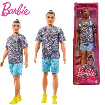 Barbie Fashionistas Bábika #204 Bábika Ken Hnedé Buchta s Tlač T-Košele a Šortky Barbie Bábika Ken Hrať Dom Hračky pre Deti