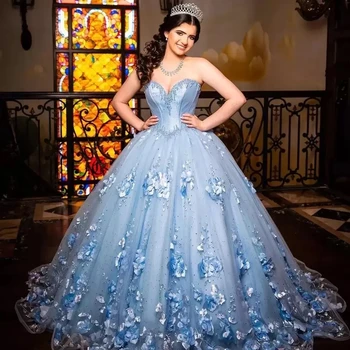 Svetlo Modrá Quinceanera Princezná Šaty plesové Šaty, Zlatko bez Rukávov 3D Kvety Korálky Strany Sweet 16 Vestidos De 15 Años