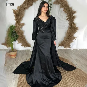 LISM Čiernu,-line tvaru Sequined Appliques Satin Elegantné Formálne Večerné Party Šaty S Plnou Rukávy Vlak Luxusné Prom Šaty