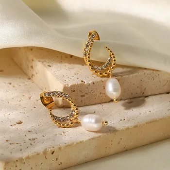 VÁŽENÍ ŽIVOTA Žien nové módne titánové ocele, náušnice, zlaté-pozlátené sladkovodné perly visieť náušnice šperky ženské príslušenstvo