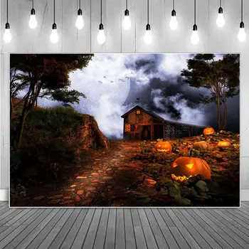 Halloween Drevená Búdka Tekvica Oblasti Dekorácie Fotografie Pozadie Zotmení Vonku Full Moon Vtákov Strom Party Foto Pozadia