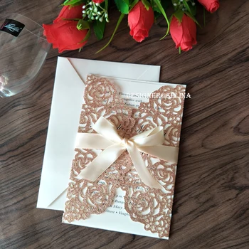 Luxusné Rose Gold Trblietavý Laserom Rezané Svadobné Pozvánky Karty Manželstva Maturitné Výročie Pozvať Šampanským Bowknot