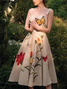 Luxusné Kvet, Motýľ Výšivky Šaty Žien Špagety Popruh Strany Vestidos Letný Kvetinový Tlač Sundress Rúcha Femme