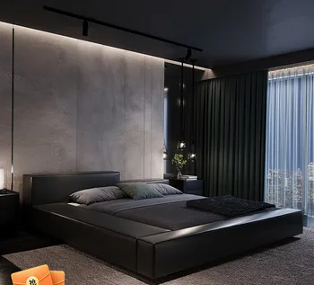 Taliansky minimalistický kožené postele Jednoduché moderné 1.8 m master manželská posteľ Nordic skladovanie čalúnený svadobné posteľ