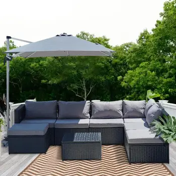 Záhradný nábytok set Prútia ratanový sofa s vankúše Terasa nastaviť na záhrade, na terase, pri bazéne, záhradný nábytok šedá/čierna