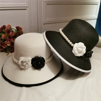 Francúzske retro elegantné slamený klobúk Hepburn pearl flower rybár klobúk prímorské dovolenky pláž hat slnečník sunblock klobúk lady