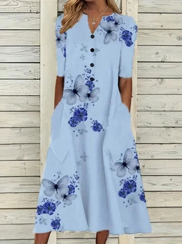 Šaty Letné 2023 Nové Módne, Elegantné V Krku Šaty s Kvetinovým Motýľ Tlače, kórejský Štýl Ženské Oblečenie