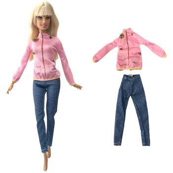 1 Nastavte Jeseň vetru farby: Ružová dlho puzdre tričko + imitácia džínsové nohavice Pre Bábiku Barbie Príslušenstvo 283D