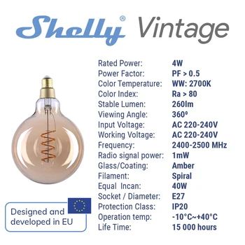 Shelly Vintage G125 2700K Smart Žiarovky Ovládanie RGB Smart Žiarovky Stmievateľné E27 WiFi LED Čarovná Lampa AC 220~240V Práca s