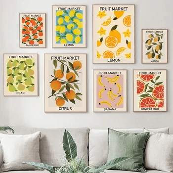 Ovocie Trhu Citrón Cherry Banán, Hruška Orange Vintage Poster Tlač Wall Art Plátno Na Maľovanie Kuchyne Decor Moderné Nástenné Frameless