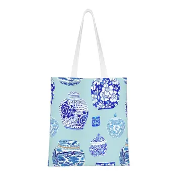 Chinoiserie Modrého Porcelánu Nákupní Taška Ženy Plátno Ramenný Tote Bag Umývateľný Delft Modrá Orientálnou S Potravinami Shopper Tašky