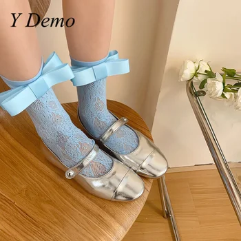 Y Demo Y2K Roztomilý Macaron Luk Tenké Čipky Low-Trubice Ponožky Pre Ženy Lete Jollow Out Pilot Ponožky