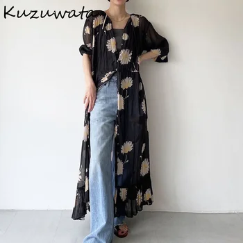 Kuzuwata Japonský Štýl Voľné Módne Opaľovací Krém Tenké Tričko Šaty Veľké Kvetina Tlače Singel Svojim Vestidos Lete Femme Župan