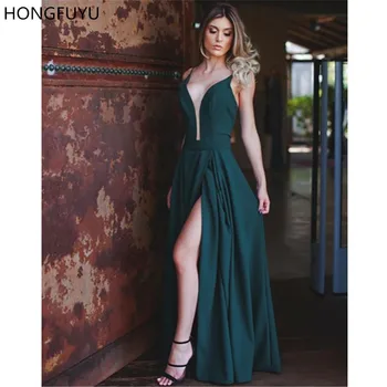 HONGFUYU 2021 Sexy Smaragdovo Zelené Šaty Ples sa Ponoriť Hlboko V Krku Party Šaty s Štrbinou Satin A-line Formálne Dlhé Večerné Šaty