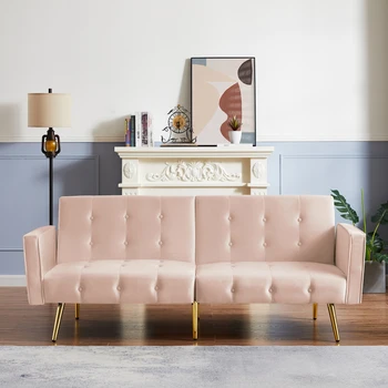Velvet gauč pre obývacia izba tlačidlo všívaných rozkladacia pohovka s opierkou zlaté nohy