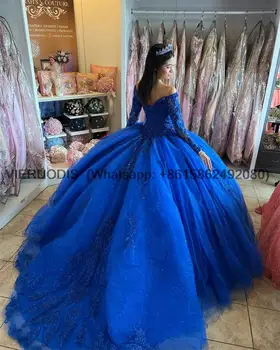 Nový Príchod Kráľovská Modrá Luxusné Quinceanera Šaty Dlhé Rukávy Appliques Crystal Plesové Šaty Princezná Sweet 16 Plášte Vestidos