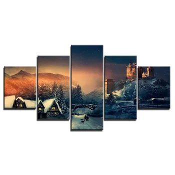 Krásne Zimné Snehu Krajinného Obrazu Hrad Romantický Sezóny 5 Panely Tlač Plátno Domova Obývacia Izba, Spálňa