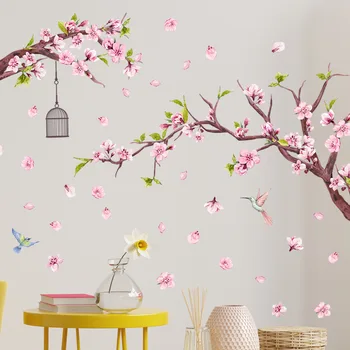 Ružová Peach Blossom Pobočky Samolepky na Stenu pre Obývacia Izba Dekorácie Spálňa Stenu, TV joj, Tapety, PVC nástenné Maľby