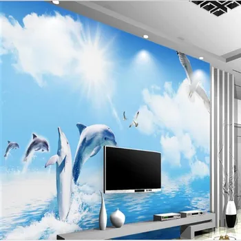 wellyu Vlastné veľké fresco delfíny z vody milovníkov symbol lásky TV pozadie wallpape abstraktných de parede para quarto